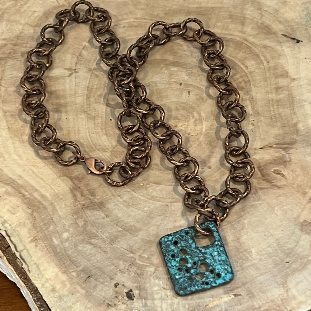 Copper and Turquoise Patina Pendant Necklace - Picture 3 of 5